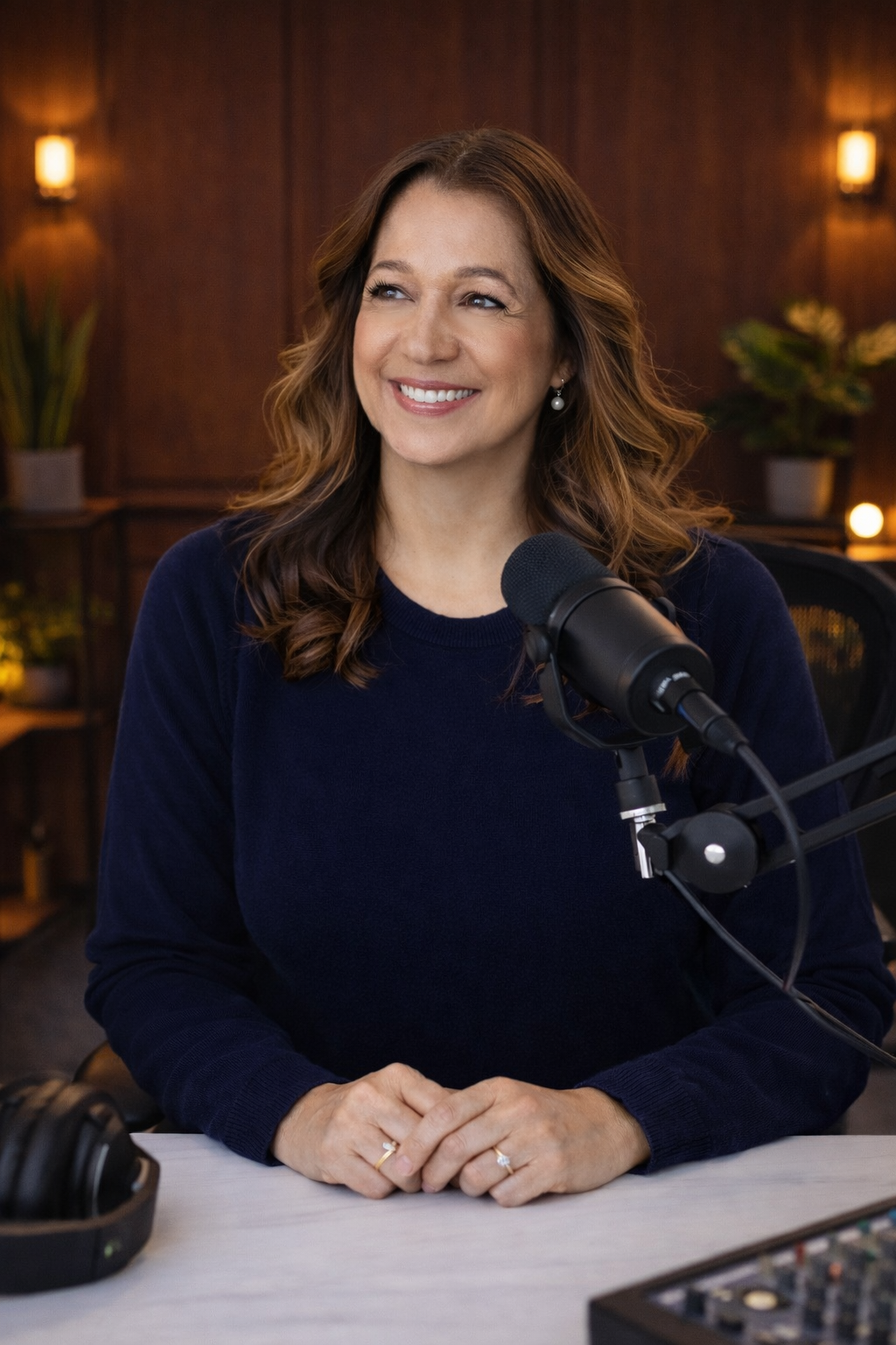 Maryann Kilgallon, founder of the POMM™ brand family, smiling in a podcast studio while seated at a table with a studio microphone