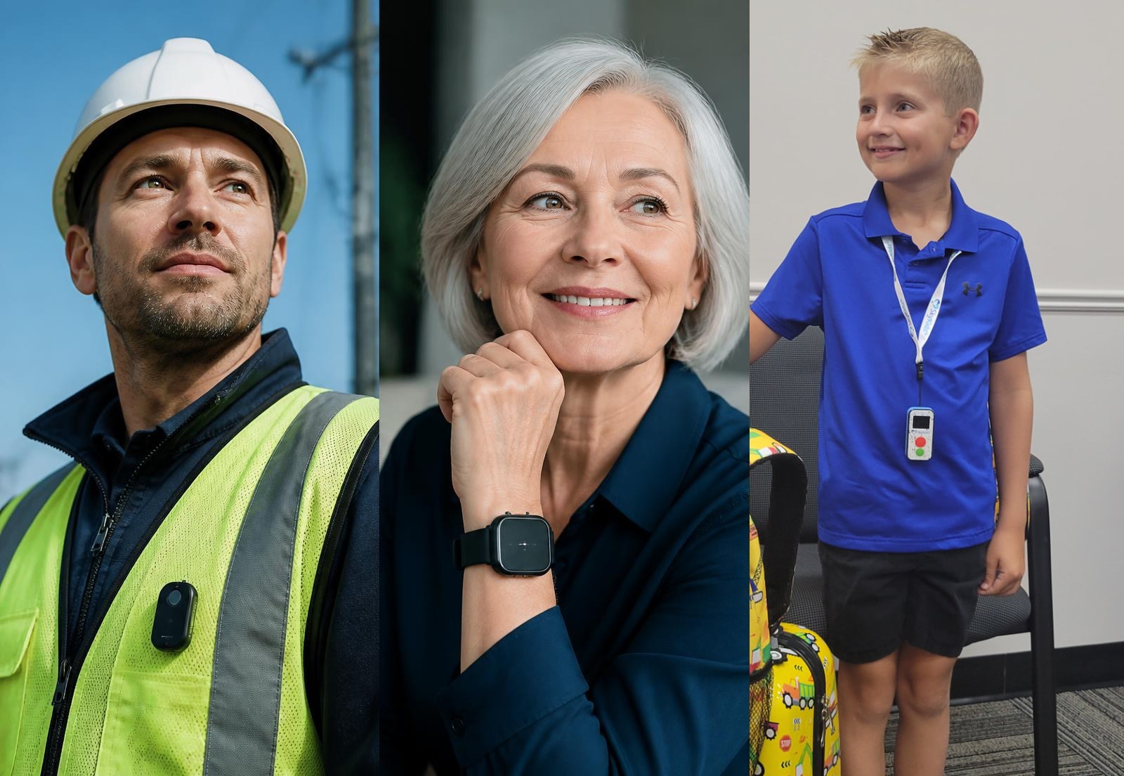 Three connected markets: a field worker with a wearable alert device, a senior wearing a GPS phone watch, and a young boy wearing a Sky Kidz GPS phone device on a lanyard